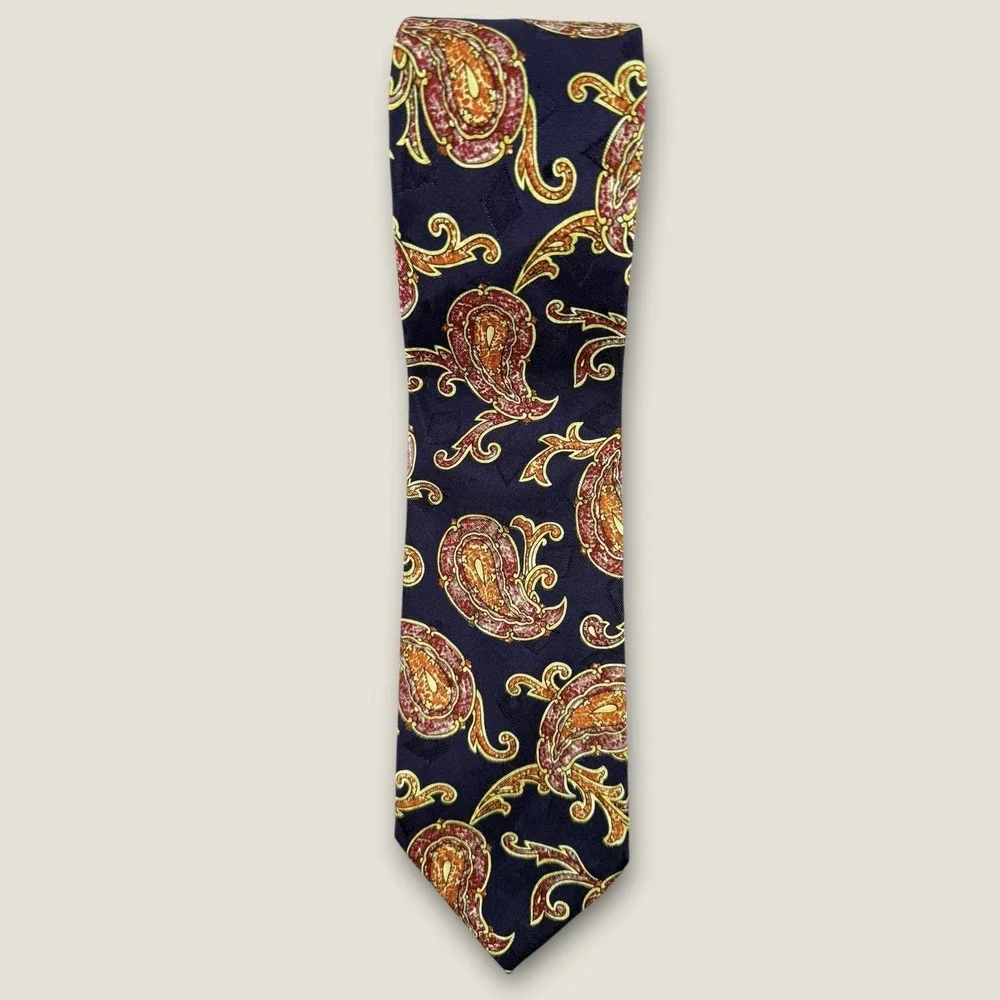 Barneys New York Silk Tie Paisley‎ Geometric Scroll Purple Navy Blue Italian